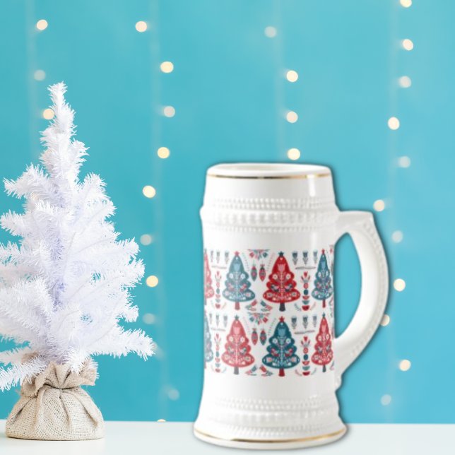 Chope À Bière Joli arbre de Noël rouge et bleu Motif nordique (Créateur téléchargé)