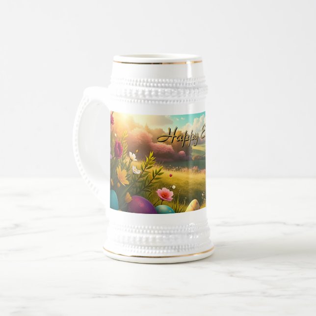 Chope À Bière Joyeuses Pâques dans un paysage printanier (Devant gauche)