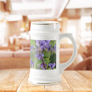 Chope À Bière Libellule Darner aux Yeux Bleus sur Fleurs Violett