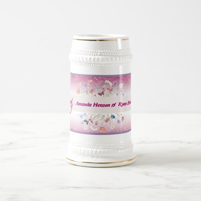Chope À Bière Mariage Fleur Florale Aquarelle Rose (Centre)