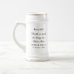 Chope À Bière Meilleur Mariage Merci Cadeau/Cheveux/Nom<br><div class="desc">Dites merci à votre Best Man le jour de votre mariage avec cet élégant stein avec "Cheers" dans la typographie en or d'un côté, et texte noir facilement personnalisé de l'autre, pour son nom, votre message, vos noms et date mariage. Vous pouvez également changer cette couleur de texte en une...</div>