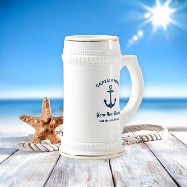 Chope À Bière Nautique Marine Blue Custom Capitaine Nom du batea (Créateur téléchargé)