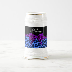 Chope À Bière Nom personnalisé bleu empreinte de léopard violet 