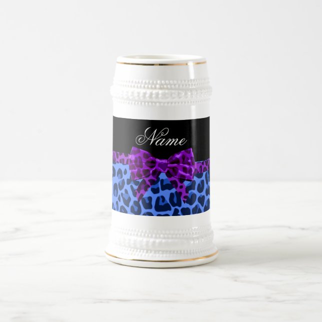 Chope À Bière Nom personnalisé bleu empreinte de léopard violet  (Centre)