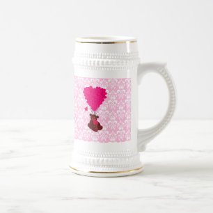 Chope À Bière Ours et ballons de coeur sur damas rose
