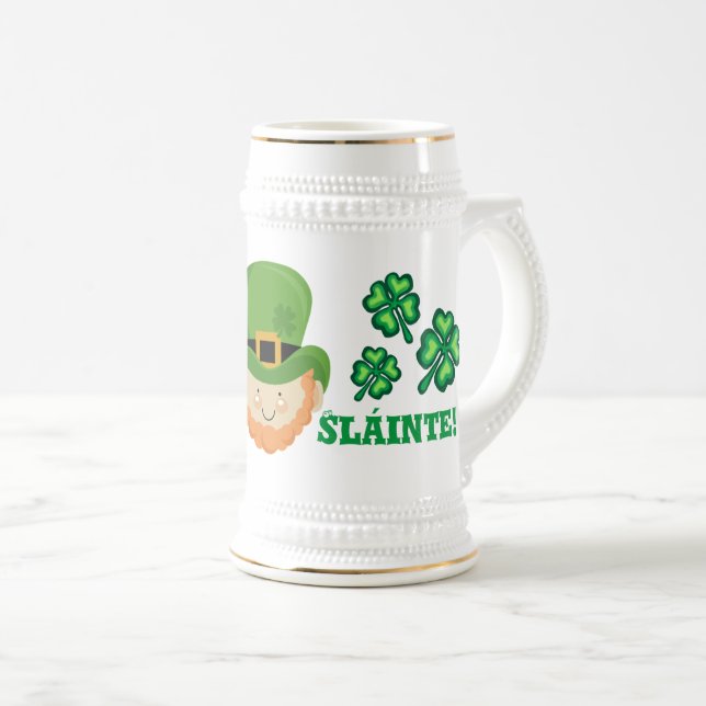 Chope À Bière Sláinte ! Leprechaun irlandais et shamrock (Devant droit)