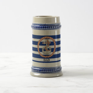 Chope À Bière Stein personnalisé avec ancre rayée bleu marine 1