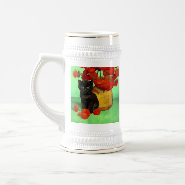 Chope À Bière Van Gogh Black Kitten Fleurs rouges (Gauche)