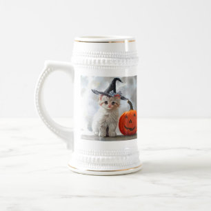 Chope À Bière Vintage Halloween White Kitten et Jack-o' lantern
