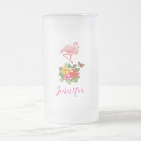 Aquarelle Flamant rose rose avec fleurs d'Hibiscus
