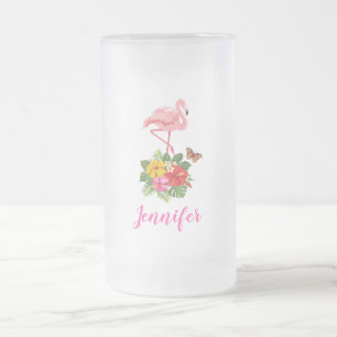Chope Givrée Aquarelle Flamant rose rose avec fleurs d'Hibiscus