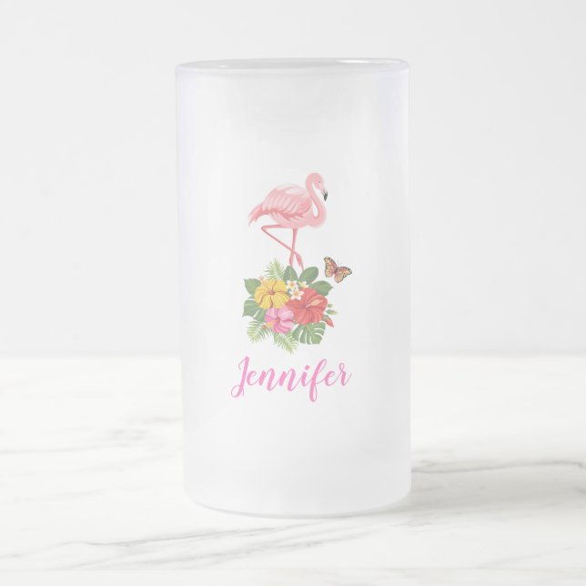 Chope Givrée Aquarelle Flamant rose rose avec fleurs d'Hibiscus (Centre)