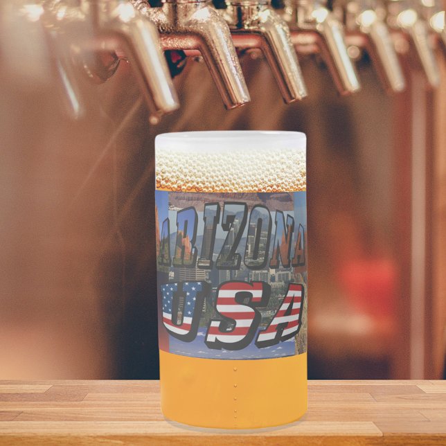 Chope Givrée Arizona Picture et USA Flag Text (Arizona Picture and USA Flag Text Frosted Glass Beer Mug)