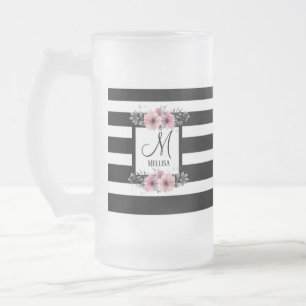 Chope Givrée Bandes noires et blanches Monogramme floral rose