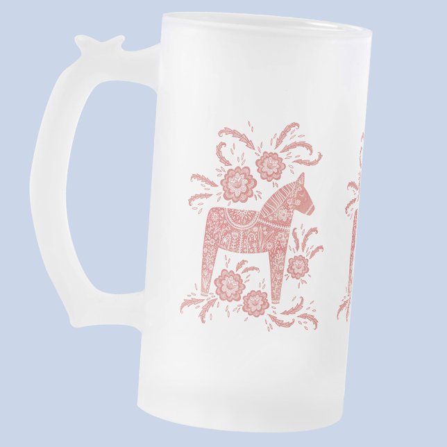 Chope Givrée Chevaux de Dala suédois Rouge et blanc (Red and white Dala Horse Swedish folk art frosted glass beer mug)