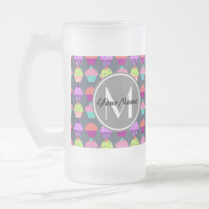 Chope Givrée Cupcakes Gris, Nom Personnalisé Monogramme