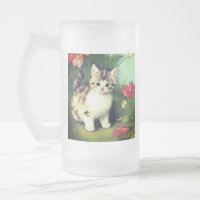 Illustration vintage de chat avec Fleurs rouges