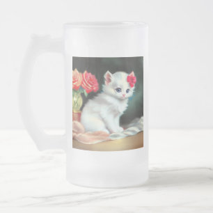 Chope Givrée Illustration vintage de Kitten blanc avec fleurs r