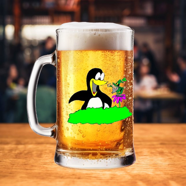 Chope Givrée Manchot et lutin (Penguin and Leprechaun Frosted Glass Beer Mug)