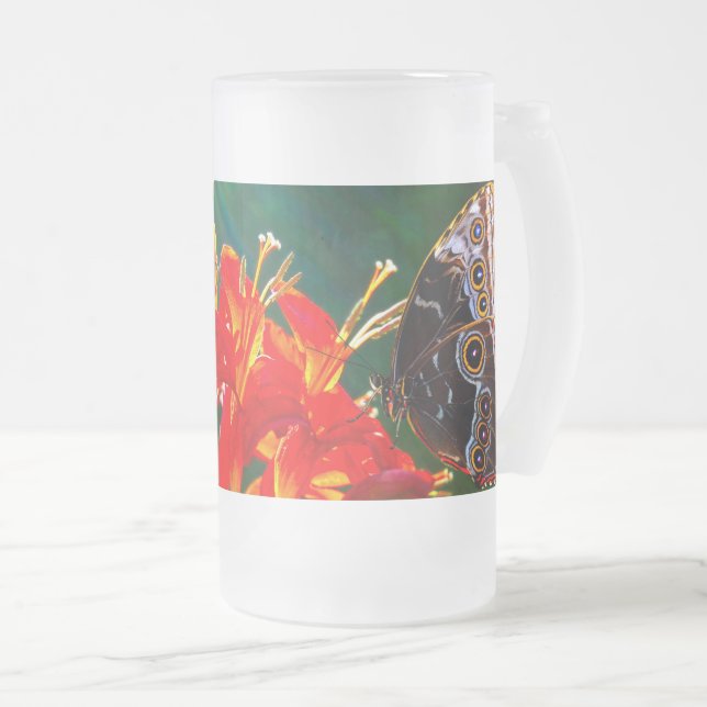 Chope Givrée Papillon morpho bleu sur les fleurs de Crocosmia L (Devant droit)