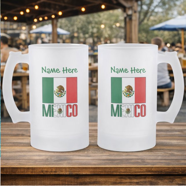 Chope Givrée Personnalisation verte du drapeau mexicain (Personalized frosted glass stein with Mexican Flag and MEXICO on both sides. Name above, too.)