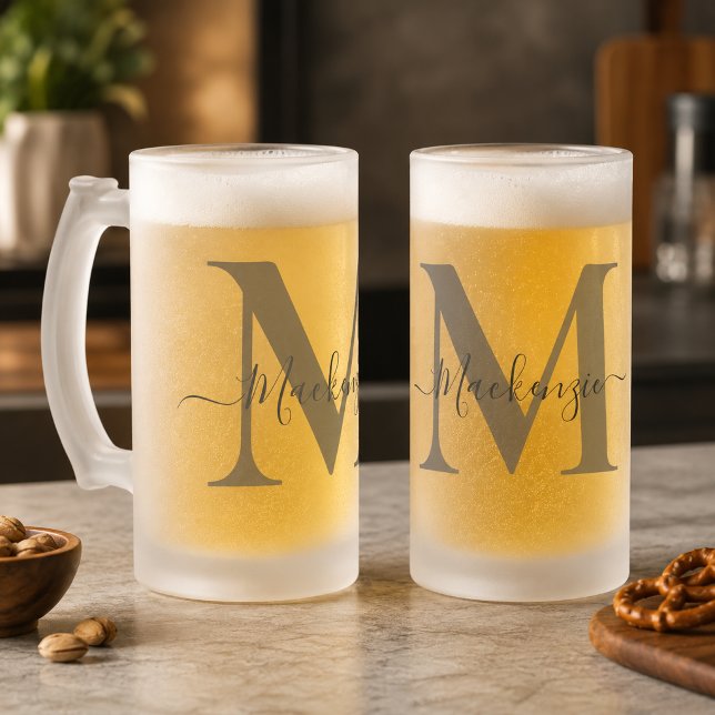 Chope Givrée Personnaliser Monogramme Initial Nom Haut (Personalize Monogram Initial Name Tall Frosted Glass Beer Mug)