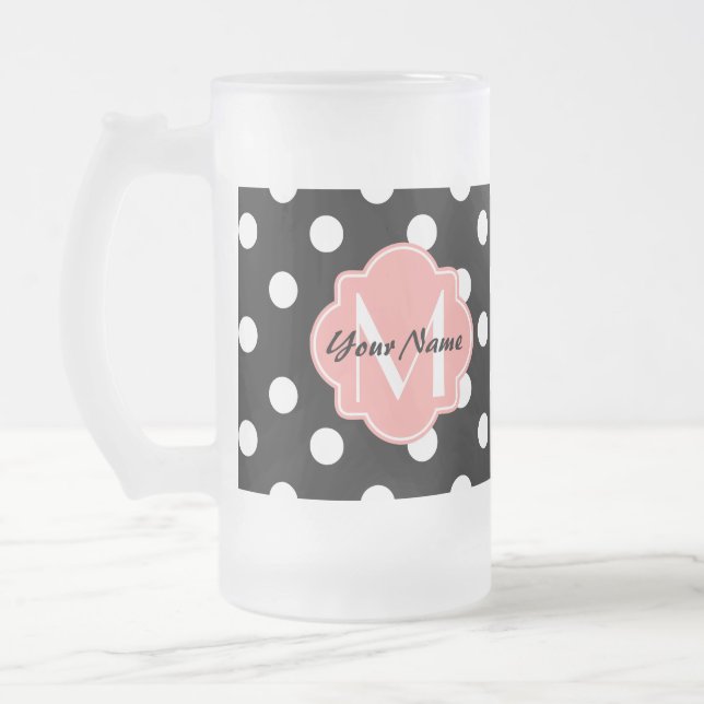 Chope Givrée Pois noirs et blancs avec Monogramme rose (Gauche)