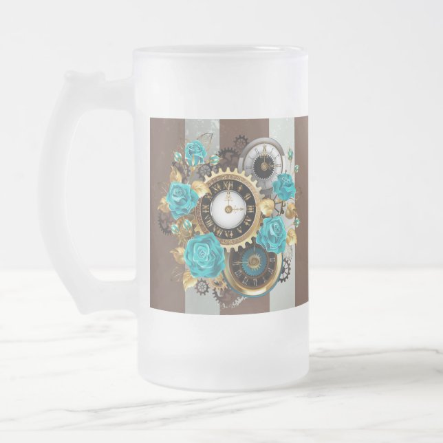 Chope Givrée Steampunk Clock and Turquoise Roses on Striped (Gauche)
