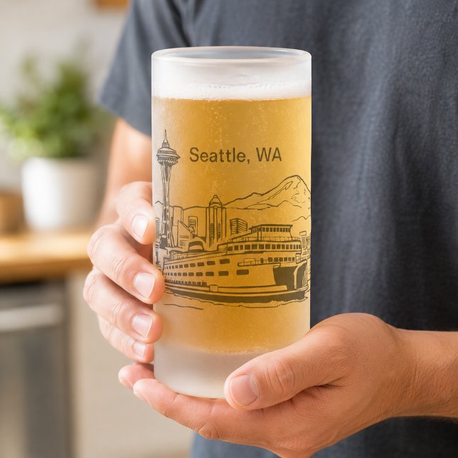Chope Givrée Traversier de Seattle & ligne d'horizon de l'État  (Seattle Ferry & Skyline Line Art Washington State Frosted Glass Beer Mug)