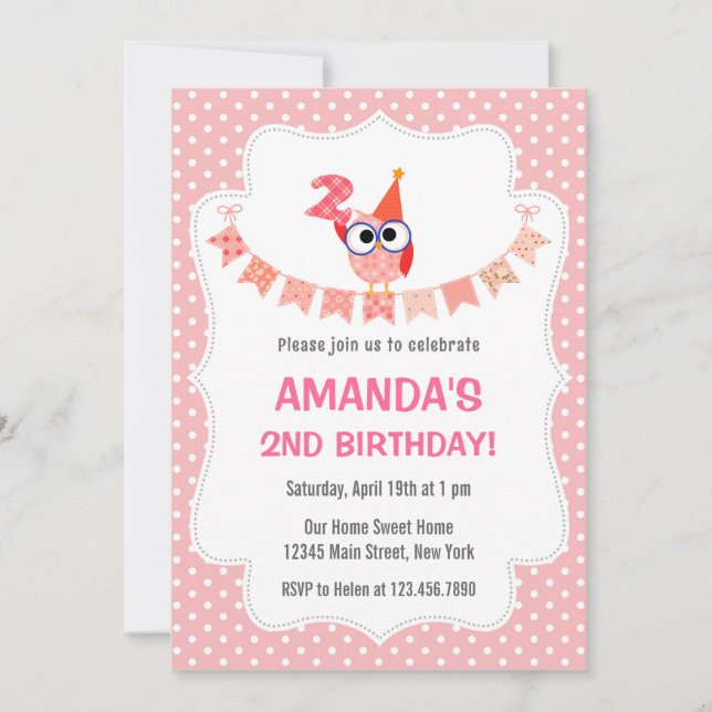 Chouette 2e anniversaire Invitation Sweet Pink (Devant)