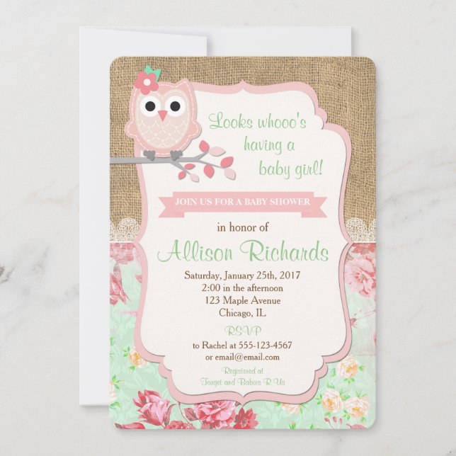Chouette baby shower invitation burlap lace menthe (Devant)