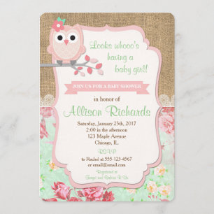 Chouette baby shower invitation burlap lace menthe