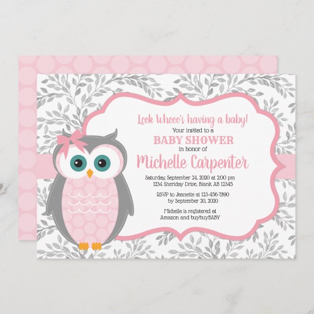 chouette baby shower invitation fille rose gris bo (Devant / Derrière)