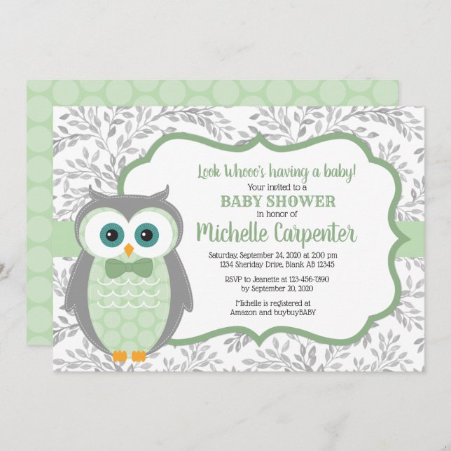 chouette baby shower invitation garçon vert gris b (Devant / Derrière)
