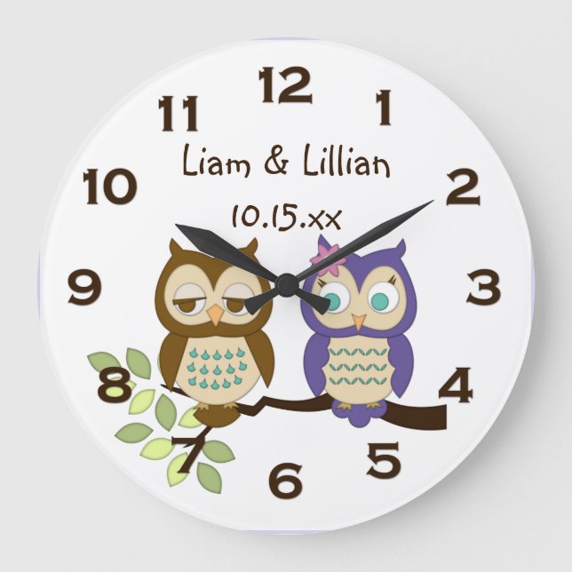 Chouette blanche mignonne Twins Horloge murale (Recto)