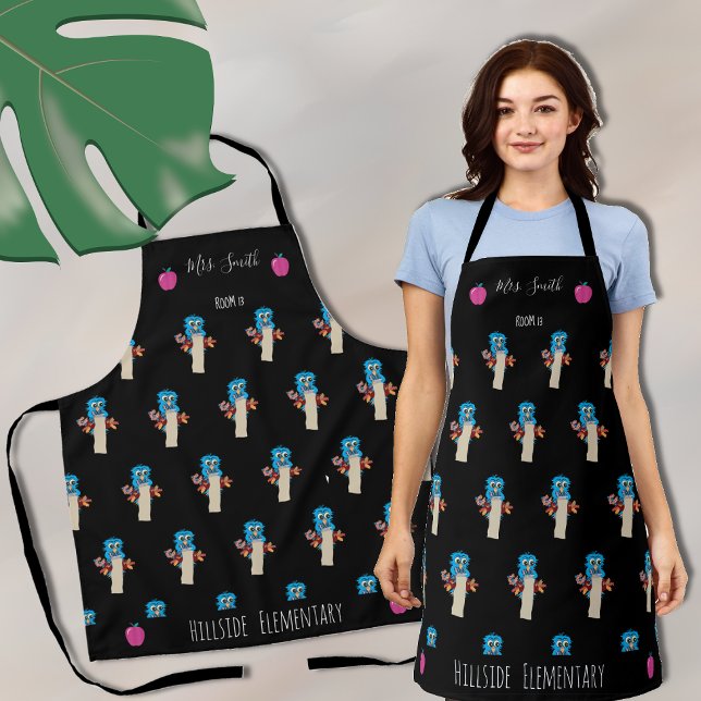 Chouette bleue école motif école tablier noir (Créateur téléchargé)