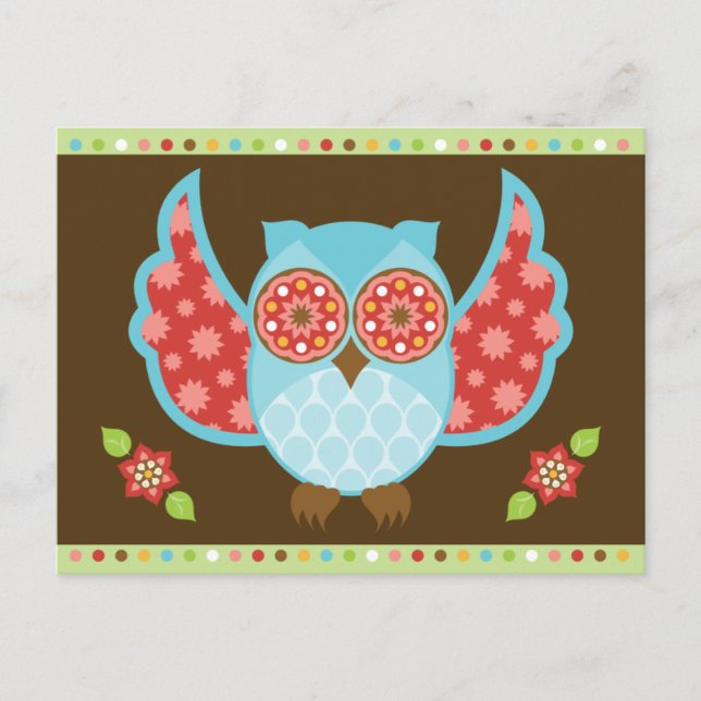 Chouette bleue et rouge sur carte postale Brown et (Devant)