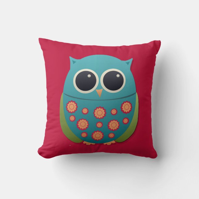 Chouette bleue et verte sur Coussin rouge (Recto)