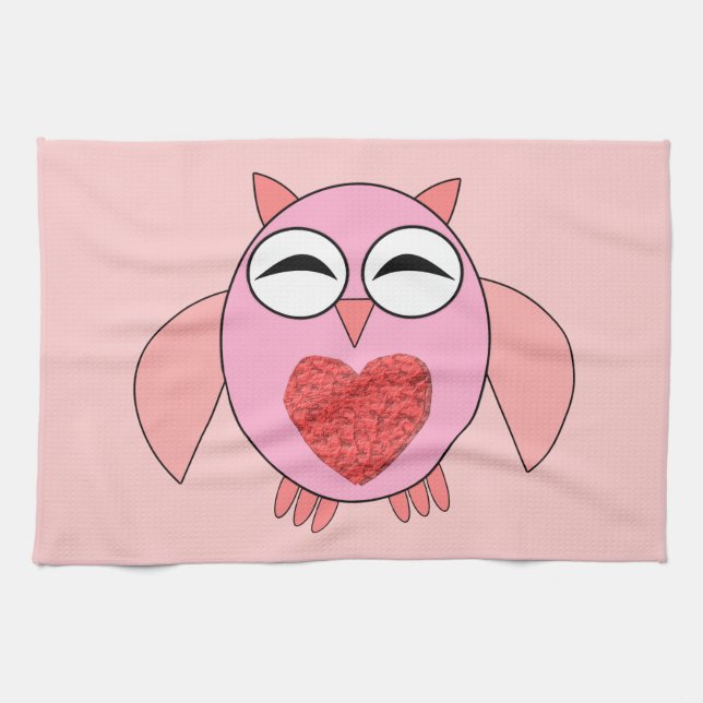 Chouette Coeur Rose Love Serviette de cuisine (Horizontal)