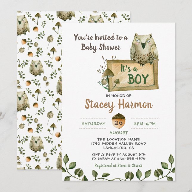 Chouette des bois C'est un garçon Invitation Baby  (Devant / Derrière)
