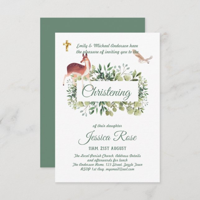 Chouette des cerfs de bois Christening Invitations (Devant / Derrière)