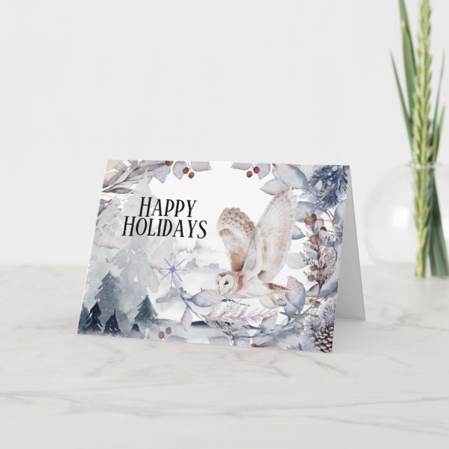 Chouette des neiges hiver paysage boisé carte fest (Devant)