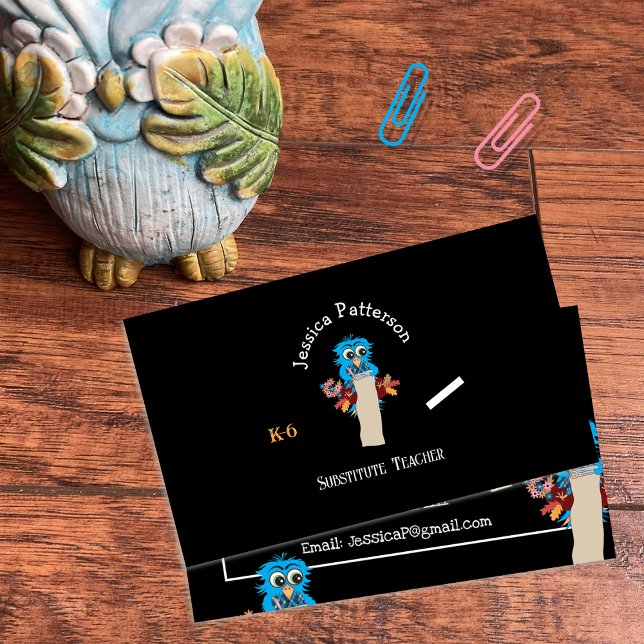 Chouette Enseignante Substituante Cartes de Contac (Blue owl substitute teacher standard horizontal business cards )