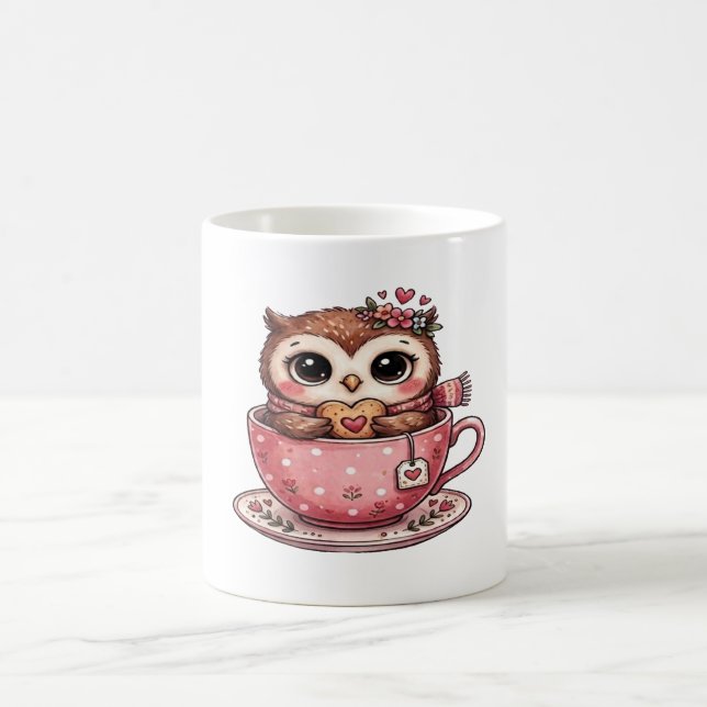 Chouette mignonne dans une tasse à thé confortable (Centre)
