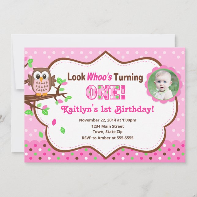 Chouette rose 1er anniversaire Invitation 5x7 Cart (Devant)