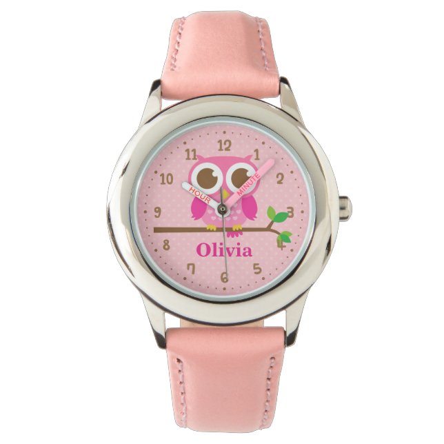 Chouette Rose Cute Sur Branche Filles Montre Perso (devant)