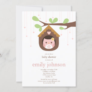 Chouette rose en Birdhouse Baby shower Invitation