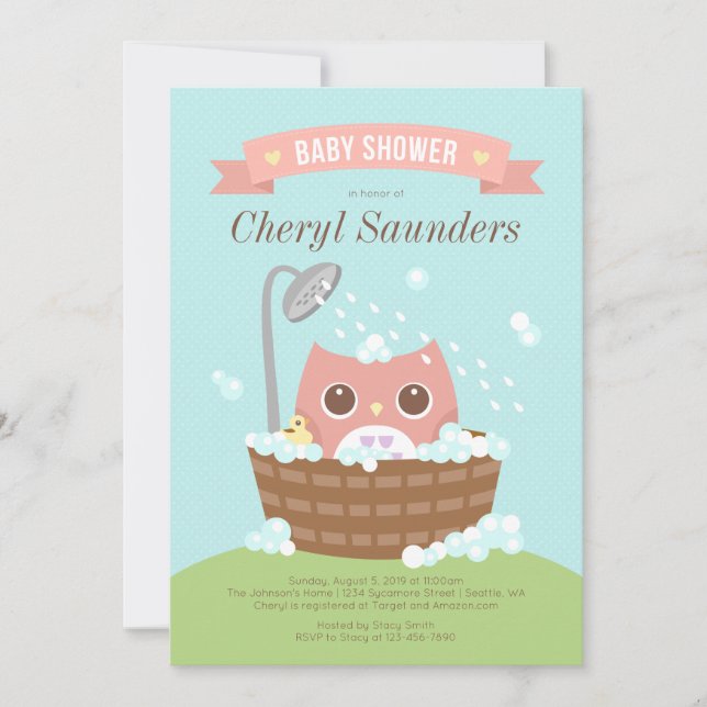 Chouette rose en bois Tub Douche Invitation (Devant)