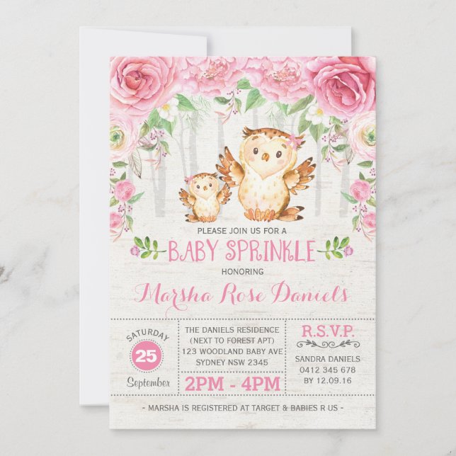 Chouette rose Floral Baby Girl Douche Invitation F (Devant)