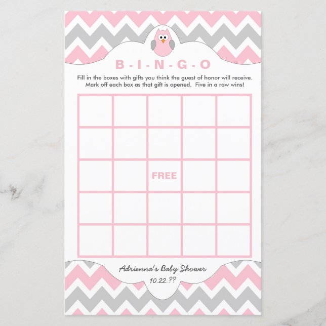 Chouette rose personnalisée baby shower jeux bingo (Devant)